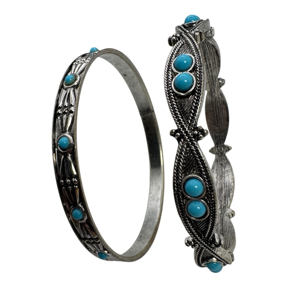 Vintage‎ Silver-Tone Bangle Bracelets w/ Turquoise Bead Accents – Set of 2